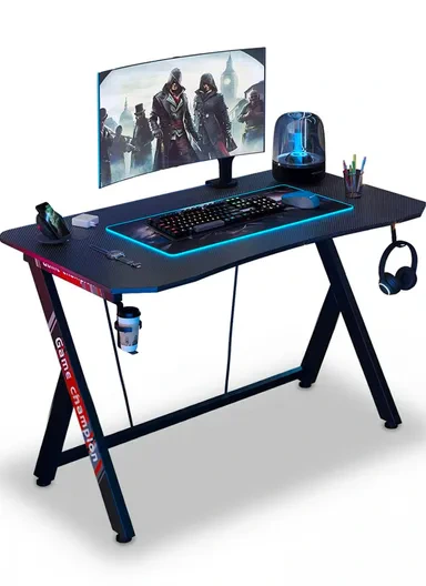 47-Inch Gaming Computer Desk, Large Ergonomic Workstation with Cup Holder & Headphone Hook (W120 x D60 x H74)cm - Carbon Fiber